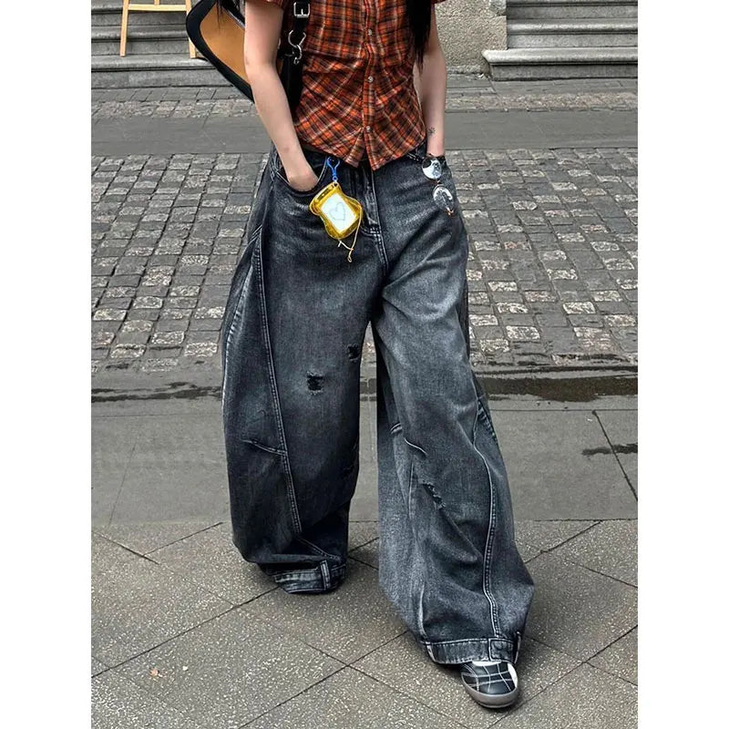 Women Vintage Black High Waisted Cargo Jeans Summer Casual Loose Big Size Wide Leg Denim Baggy Pants Y2K