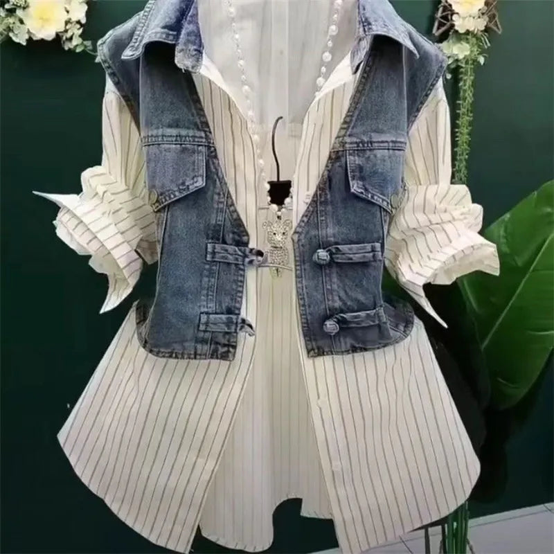 Women's New Fashion Design Sense Striped Denim Jackets Shirt New Cowboy Splicing Shirt Coat