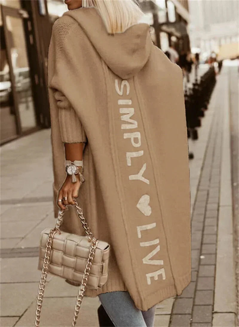 Women Autumn Long Hooded Cardigan Sweater Solid Color Back Alphabet Jumpers Warm Woven Tops