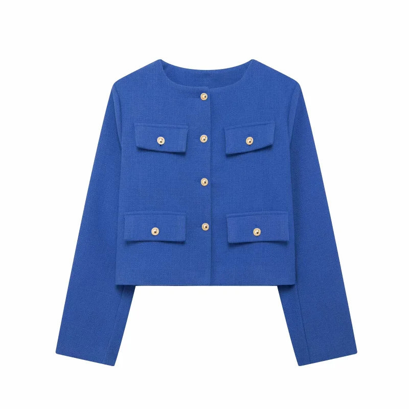 Women's Autumn/Winter Vintage Jackets crew neck gold button flip pocket embellishment short coat