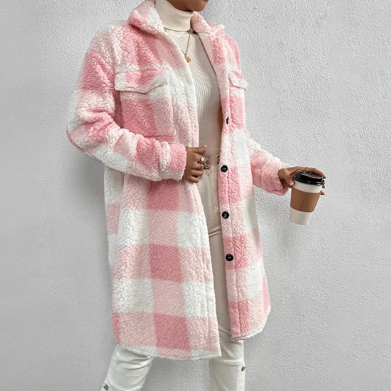 Women Elegant Autumn Winter Wool Blends Splice Plaid Coat