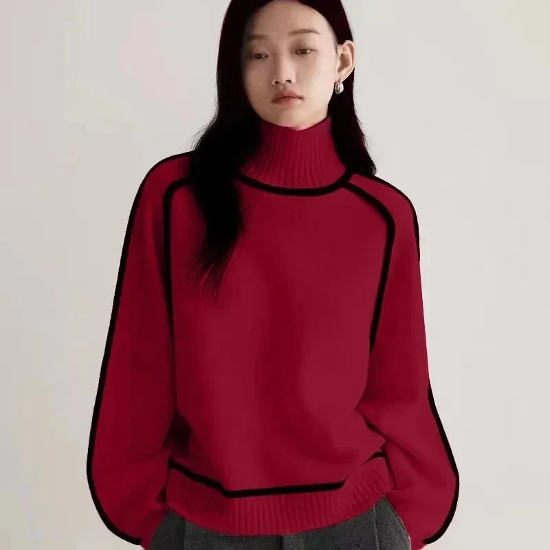 Women's New Autumn Turtleneck Sweaters Winter New Loose Patchwork Knitted Sweaters Pullover Female Soft Warm Thick Casual Top