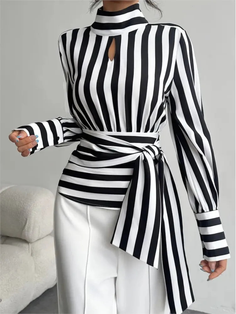 Women's Fashion Trendy  Black White Contrast Striped Shirt Autumn New Retro Scarf Collar Long-sleeved Elegant Female Pullover Shirt