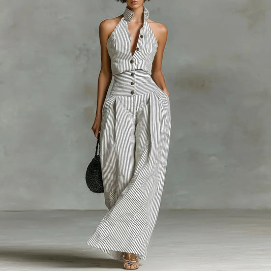 Woman's Summer Sleeveless Wide Leg Pants Jumpsuit Spring Plaid Print Loose Rompers Halter Hollow Boho Vacation Overalls