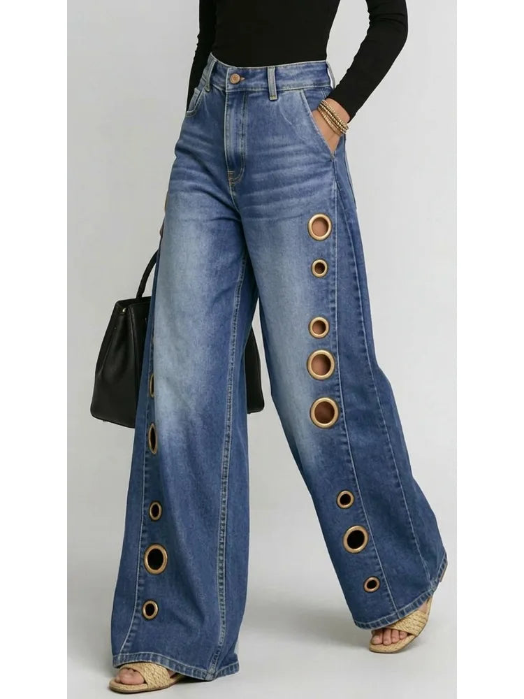 2026 Casual Women's Washed Blue High-Waist Metal Grommet Wide Leg Jeans Loose Fit Streetwear Pants