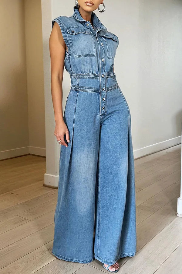 Women's One-Piece Denim Jeans Overalls Sleeveless High Waist Turn Down Collar Wide Leg Long Pants Rompers