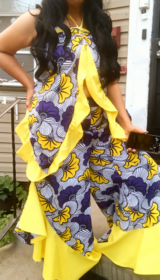 Women's Beautiful Yellow Ruffles Floral Print Two Piece Pants Set.