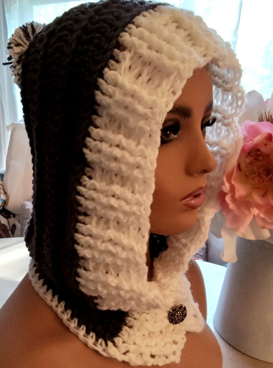Soft gray and white crochet hood