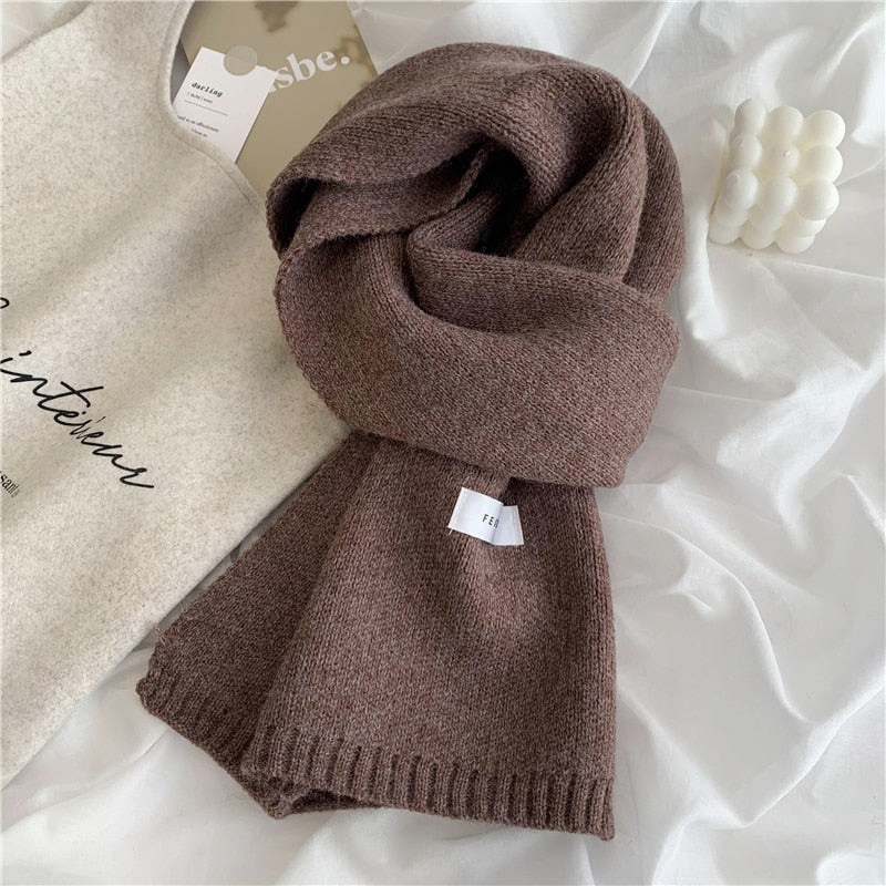 Women Autumn Winter Solid Color Scarves Slim Neckerchief Soft Brown White Warm Knitted Woolen Ins Neck Pashmina Shawl