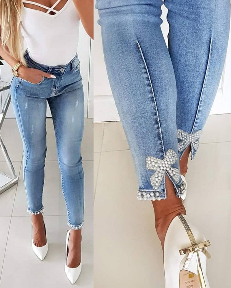 Women High Waist Stretch Jeans Cute Bow Fashion Skinny Denim Pants Elegant Simple