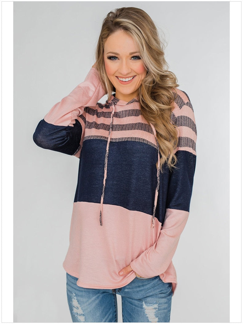 Women Hooded Casual Soft Long Sleeve Striped T-shirt