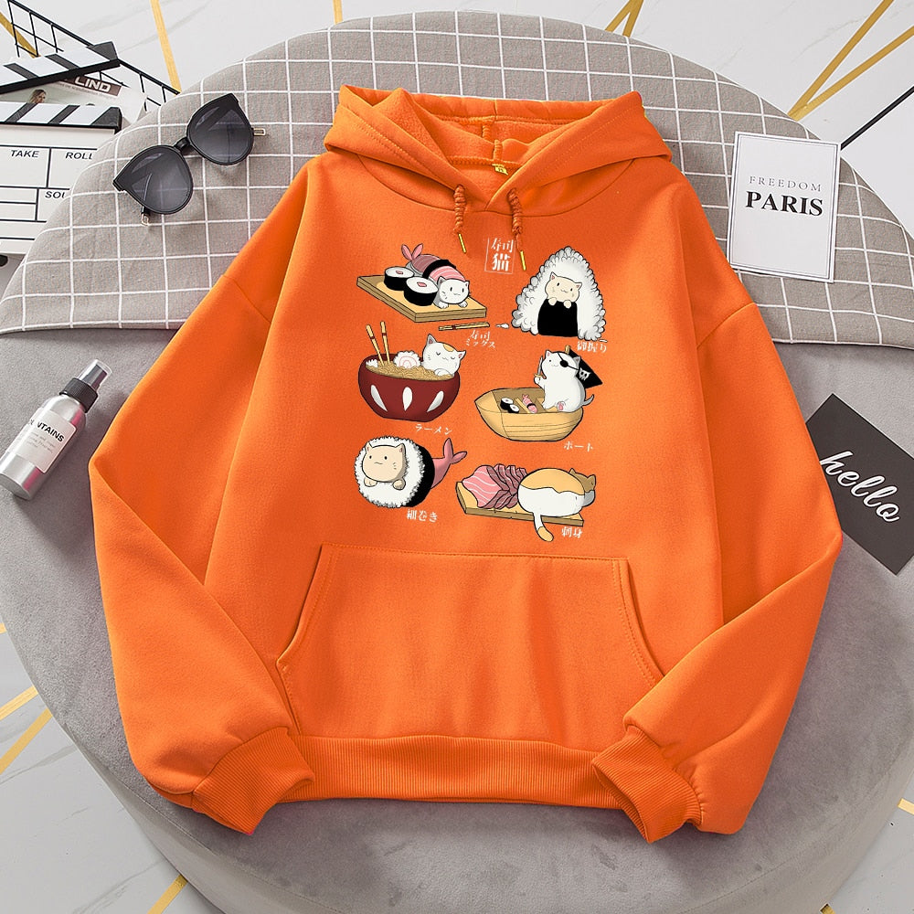 Womens Sushi Cat's Day Print Hoodies New Loose Fleece Hoodie Sweatshirt Casual