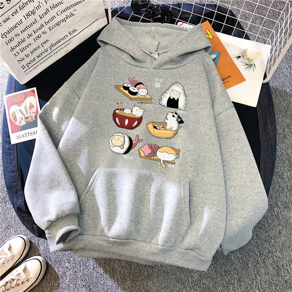 Womens Sushi Cat's Day Print Hoodies New Loose Fleece Hoodie Sweatshirt Casual