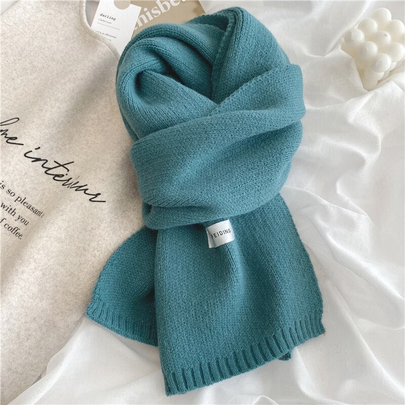 Women Autumn Winter Solid Color Scarves Slim Neckerchief Soft Brown White Warm Knitted Woolen Ins Neck Pashmina Shawl