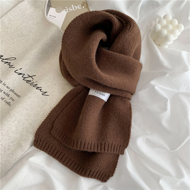 Women Autumn Winter Solid Color Scarves Slim Neckerchief Soft Brown White Warm Knitted Woolen Ins Neck Pashmina Shawl