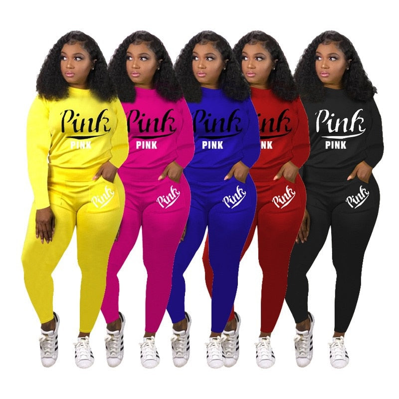 Women Pink Letter Print  Tracksuit Set