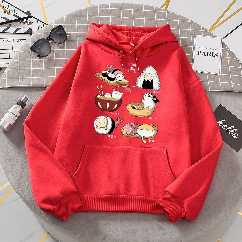 Womens Sushi Cat's Day Print Hoodies New Loose Fleece Hoodie Sweatshirt Casual