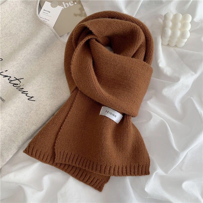 Women Autumn Winter Solid Color Scarves Slim Neckerchief Soft Brown White Warm Knitted Woolen Ins Neck Pashmina Shawl