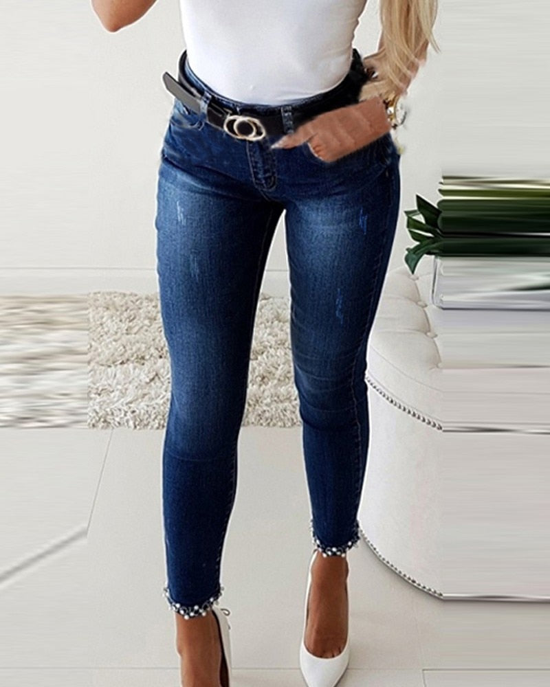 Women High Waist Stretch Jeans Cute Bow Fashion Skinny Denim Pants Elegant Simple