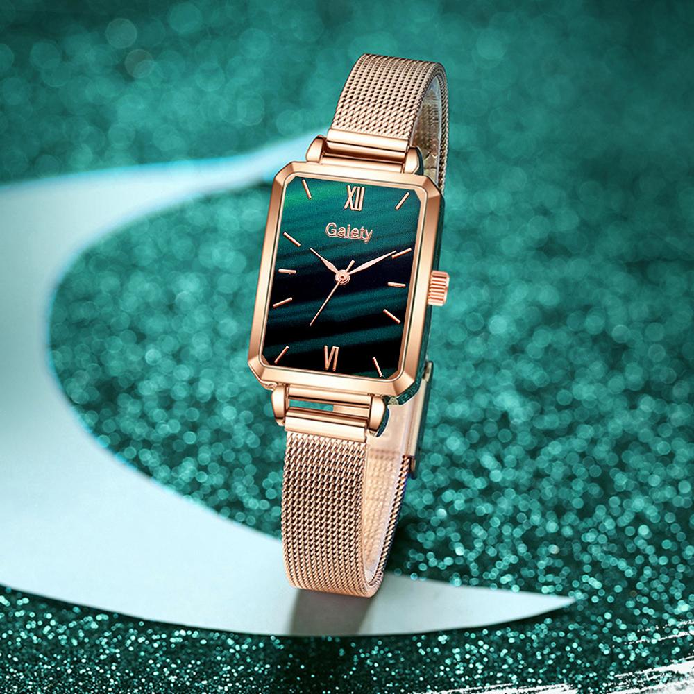 Women Watches Fashion Square Bracelet Set Green Dial Simple Rose Gold Mesh Luxury Women Watches