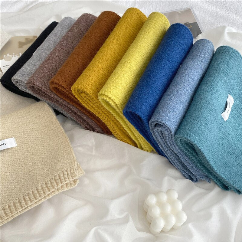 Women Autumn Winter Solid Color Scarves Slim Neckerchief Soft Brown White Warm Knitted Woolen Ins Neck Pashmina Shawl