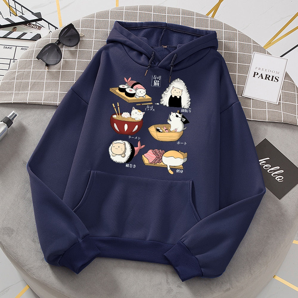 Womens Sushi Cat's Day Print Hoodies New Loose Fleece Hoodie Sweatshirt Casual