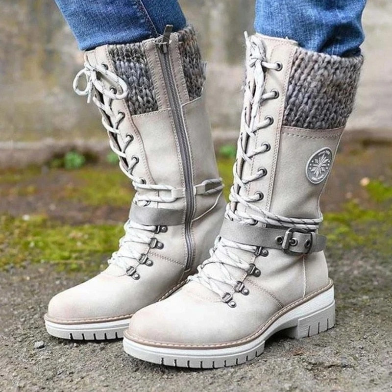 Women Winter Buckle Lace Knitted Mid-Calf Boots Low Heel Round Toe Boots