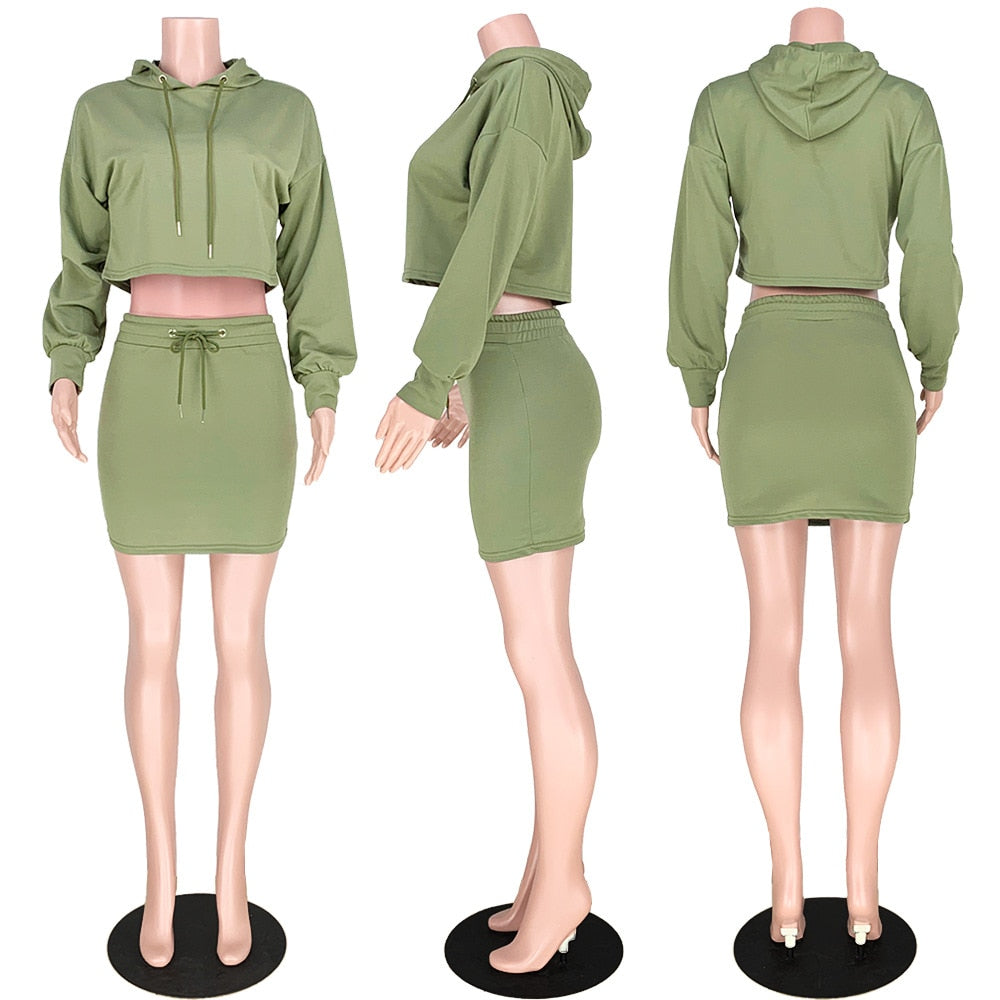 Women Hooded Two Piece Skirt Set