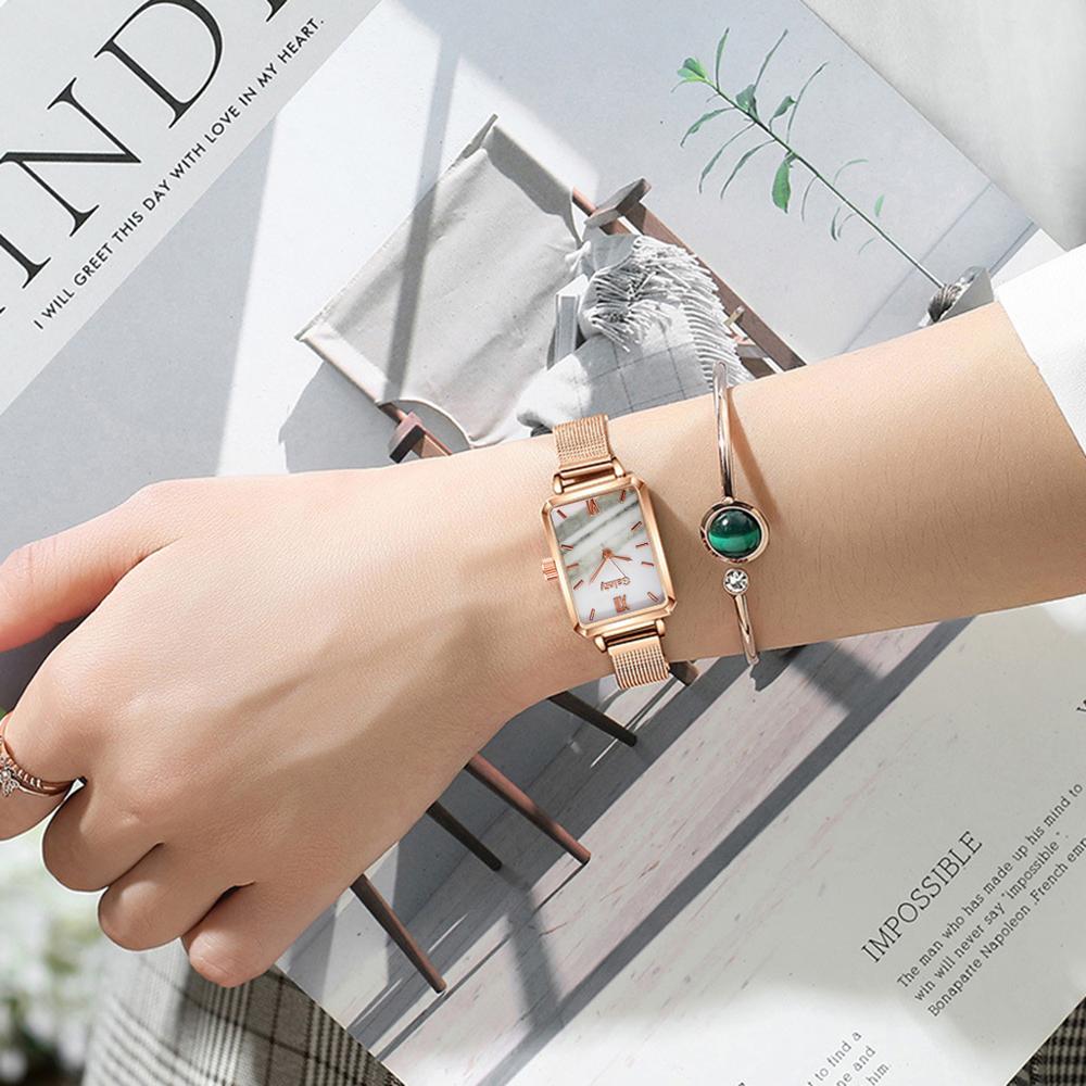 Women Watches Fashion Square Bracelet Set Green Dial Simple Rose Gold Mesh Luxury Women Watches