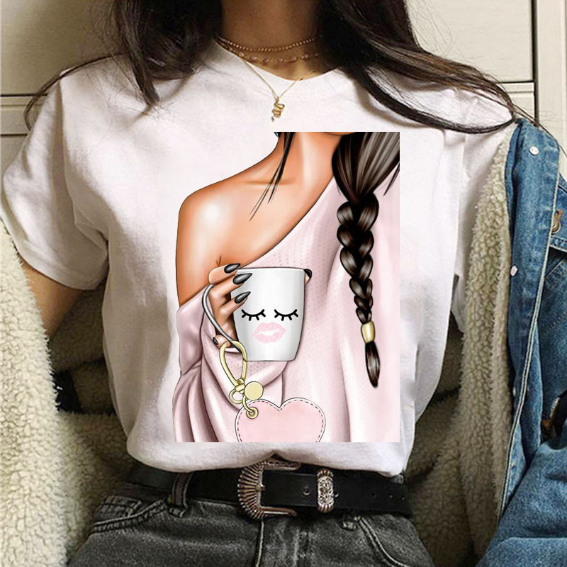 Coffee Girl Casual Women's T-shirt Top Round Neck Short Sleeve