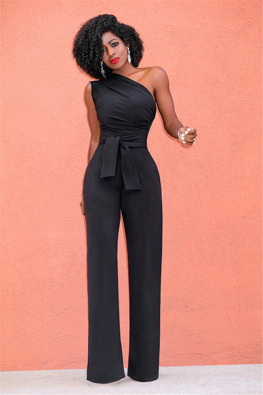 Womens Elegant One Shoulder Jumpsuit Sleeveless Wide Belt