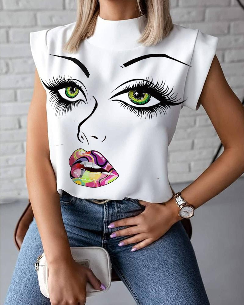 Fashion Women Elegant Lips Print Tops