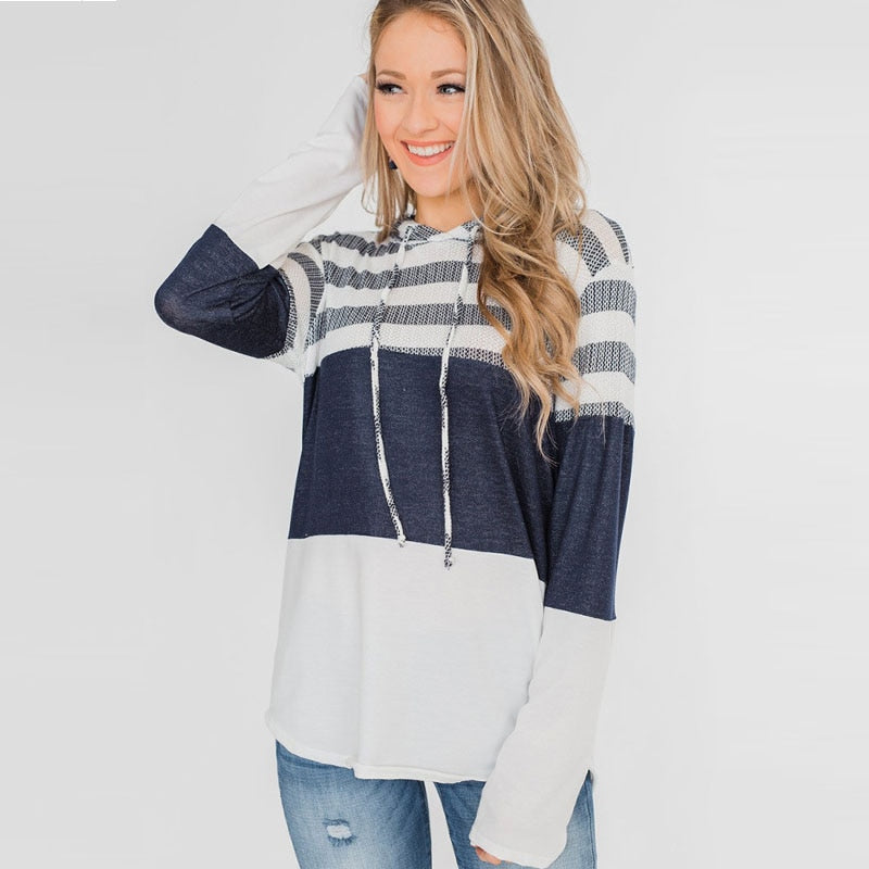 Women Hooded Casual Soft Long Sleeve Striped T-shirt