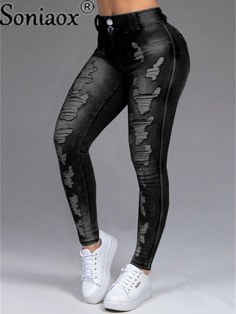 Women High Stretch Skinny Ripped Jeans Vintage Hole Distressed Trousers