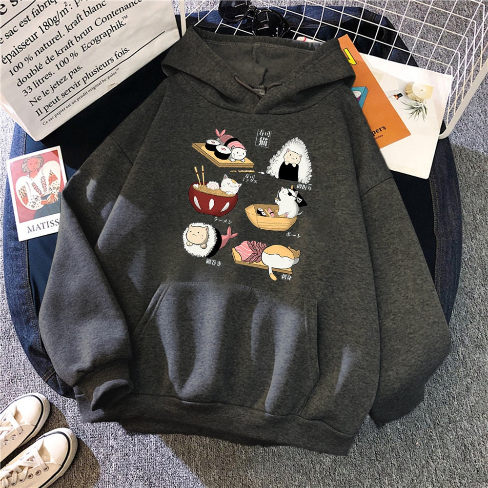 Womens Sushi Cat's Day Print Hoodies New Loose Fleece Hoodie Sweatshirt Casual