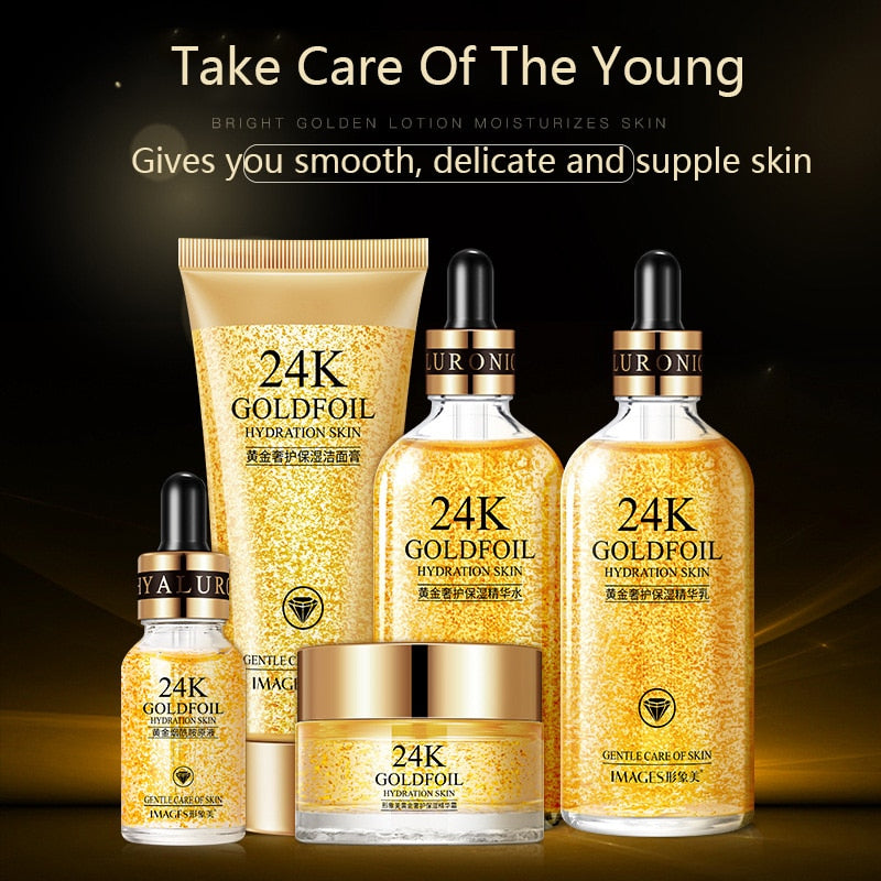 24K Gold Skin Care Set 5 PCS With Box Face Toner Essence Cream Nicotinamide Anti-Aging Serum Facial Cleanser Kit for Women