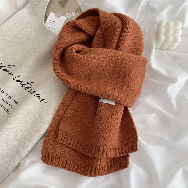 Women Autumn Winter Solid Color Scarves Slim Neckerchief Soft Brown White Warm Knitted Woolen Ins Neck Pashmina Shawl