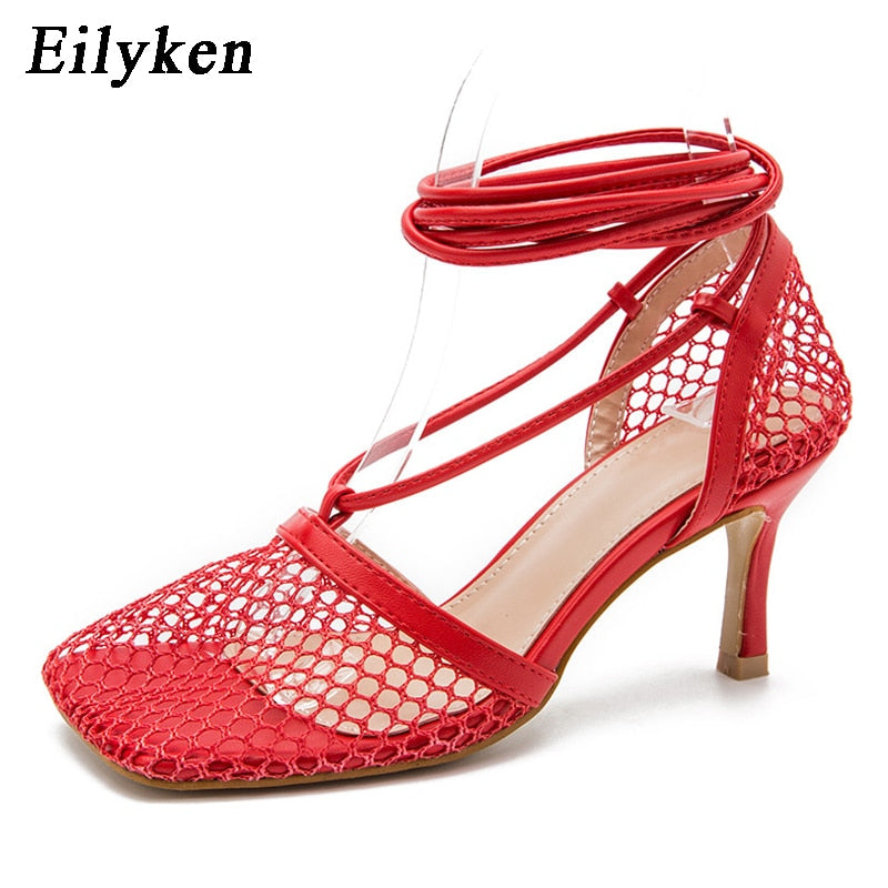 Female Square Lace Up high heel sandals