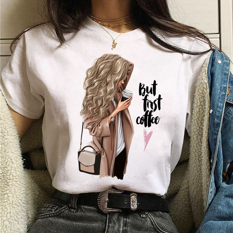 Coffee Girl Casual Women's T-shirt Top Round Neck Short Sleeve