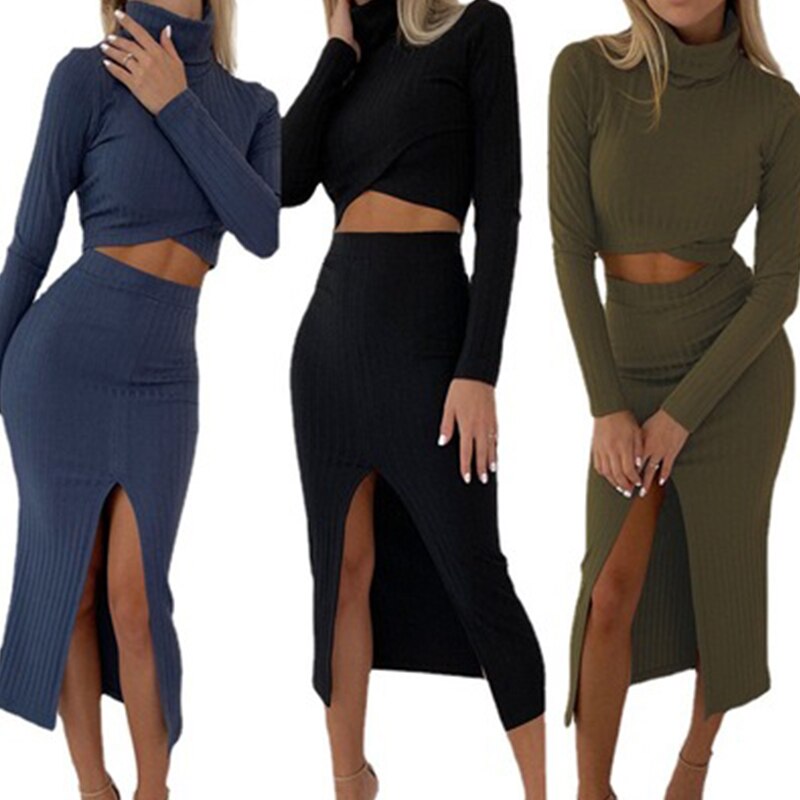 Women Turtlenecks Crop Tops Side Split Package Skirt Sets