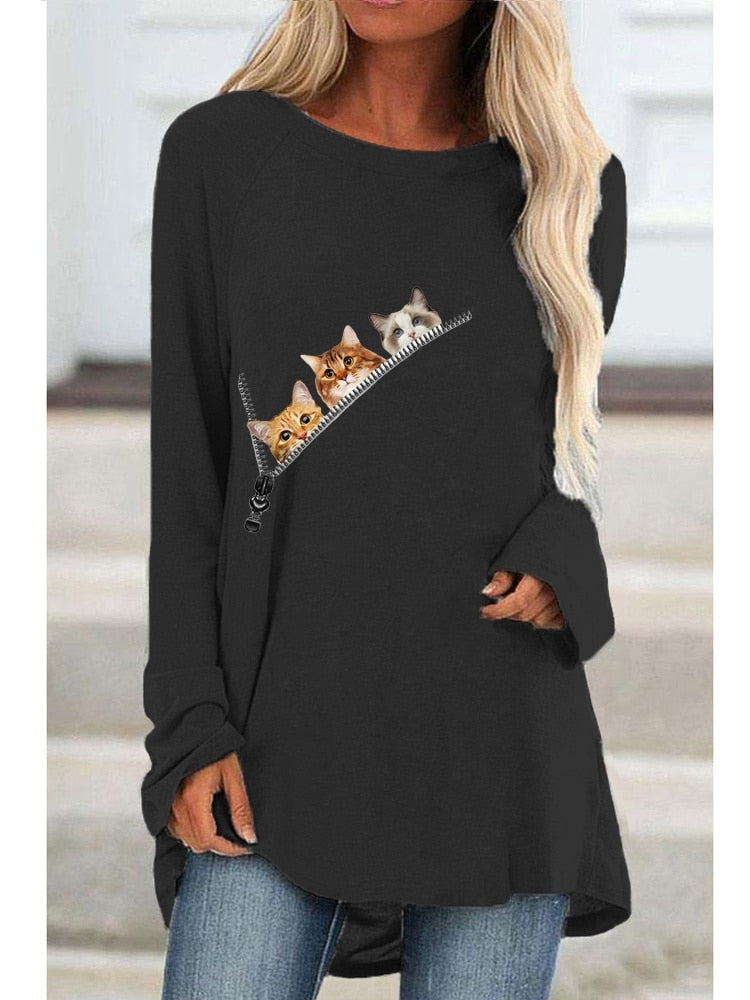 Women Fashion Long Sleeved Cute Cats Printed T-shirt