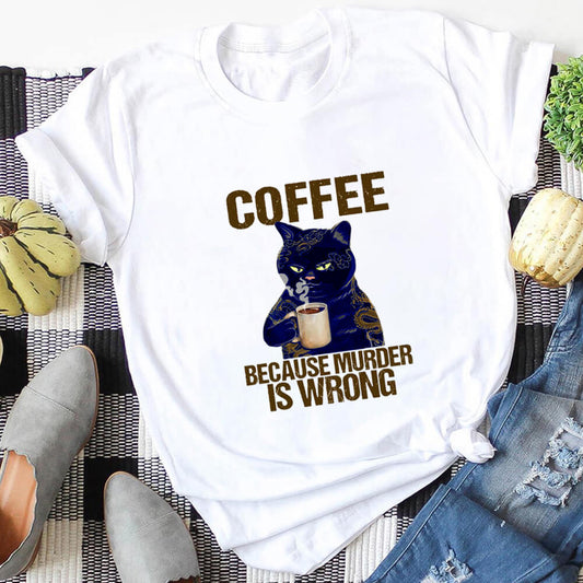 Women's Coffee Cat Printed 100%Cotton's T-shirts