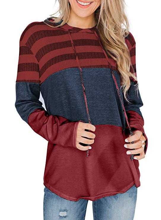 Women Hooded Casual Soft Long Sleeve Striped T-shirt