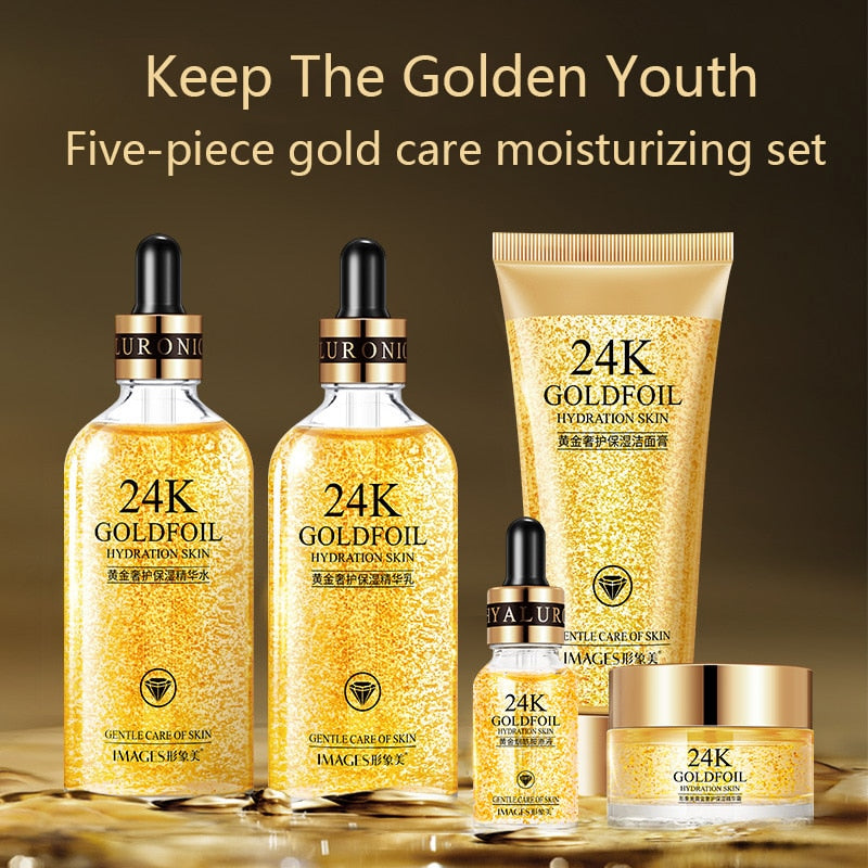 24K Gold Skin Care Set 5 PCS With Box Face Toner Essence Cream Nicotinamide Anti-Aging Serum Facial Cleanser Kit for Women