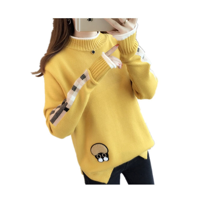 Women New Winter Knitted Patch Cartoon Base Pullover Long-sleeved Sweater