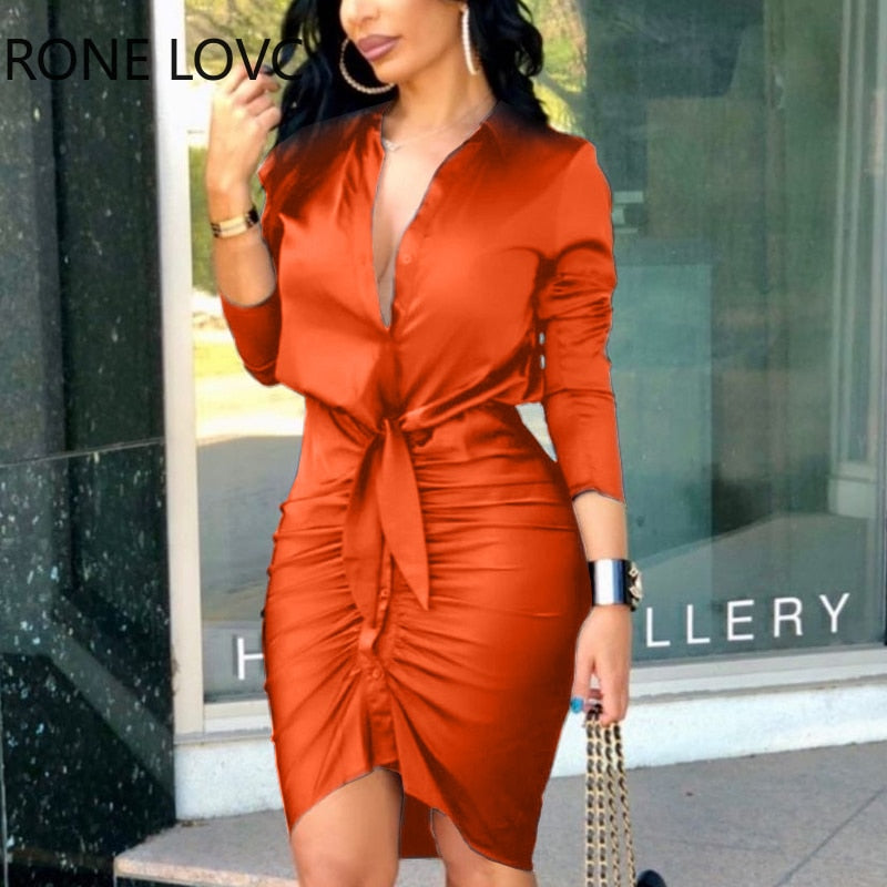 Women Elegant Lace-up Solid Color Long Sleeve Midi Dress