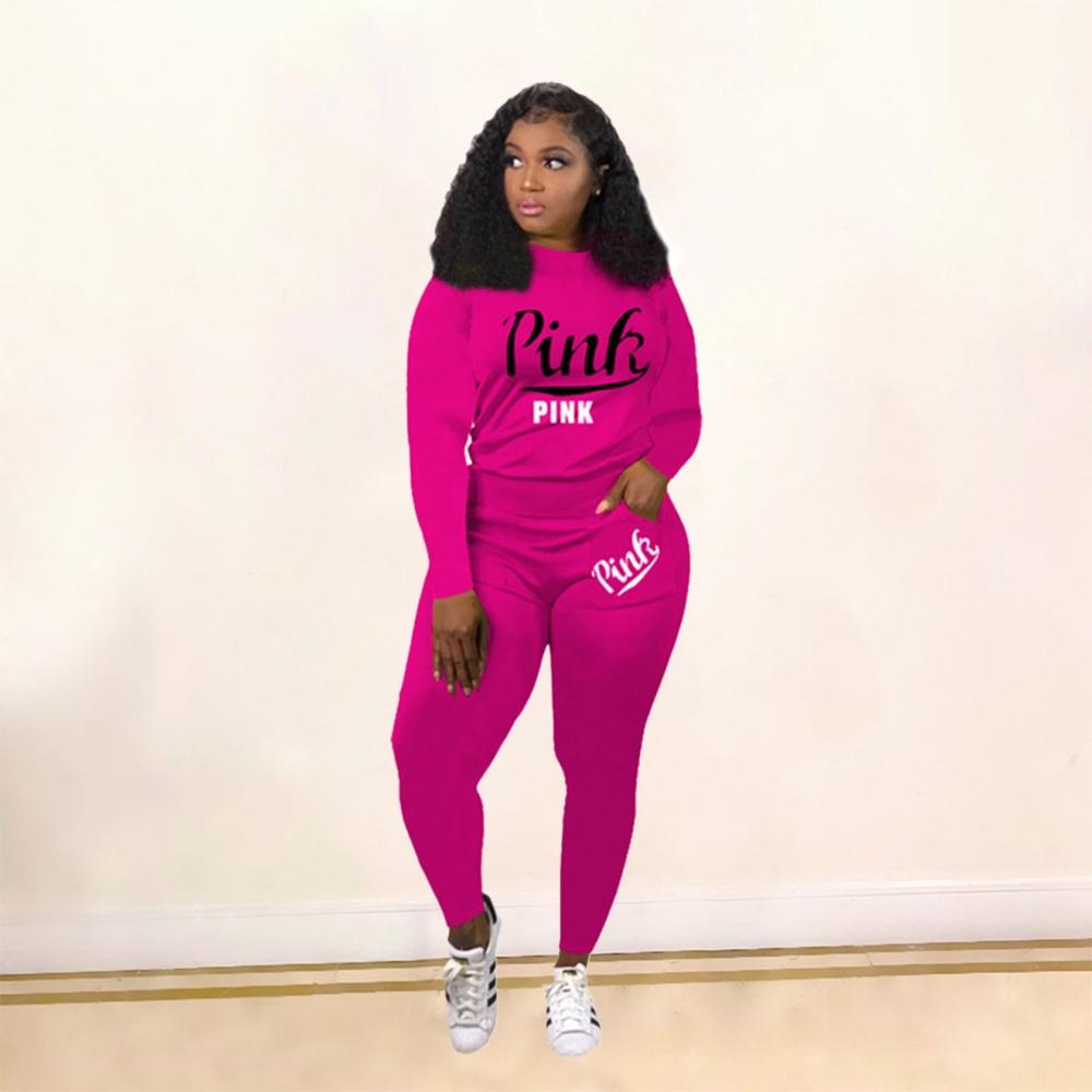 Women Pink Letter Print  Tracksuit Set