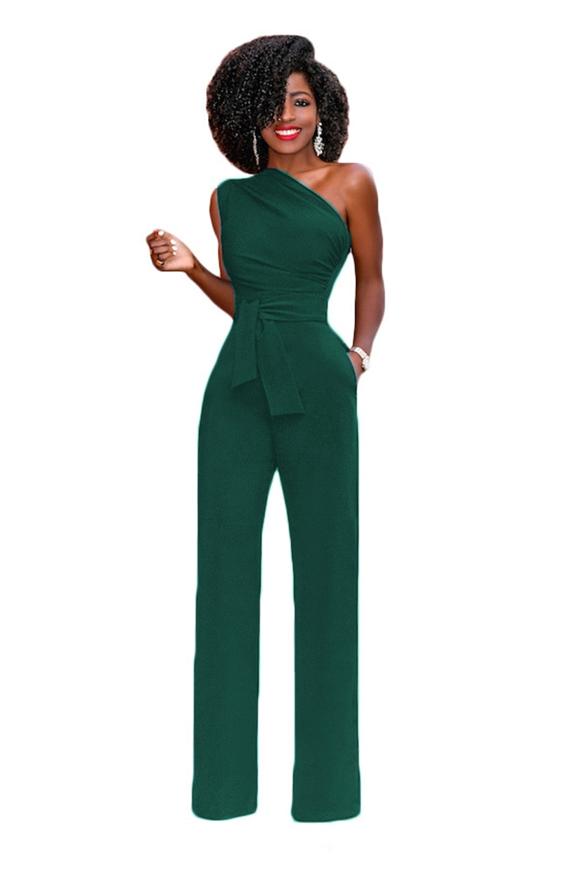 Womens Elegant One Shoulder Jumpsuit Sleeveless Wide Belt