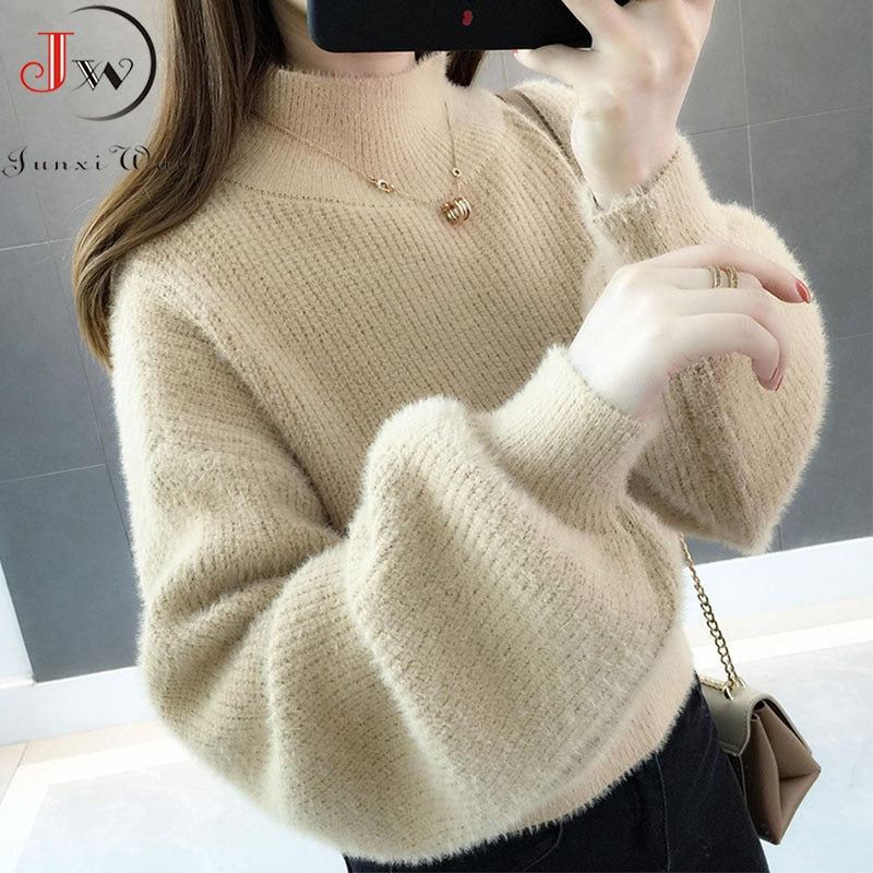 Women Soft Thick Turtleneck Lantern Sleeve Pullovers Sweater