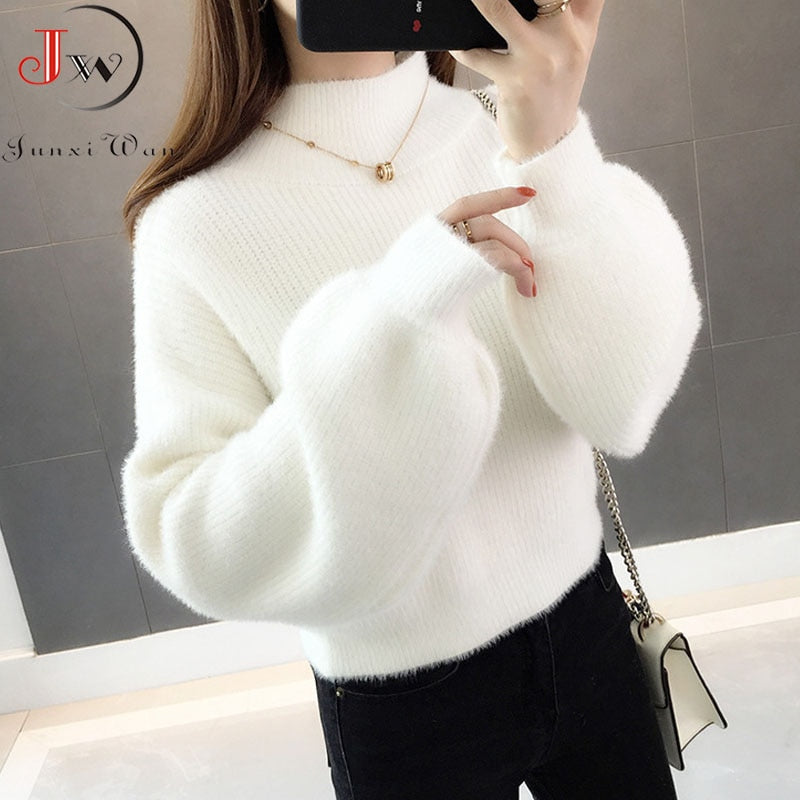 Women Soft Thick Turtleneck Lantern Sleeve Pullovers Sweater